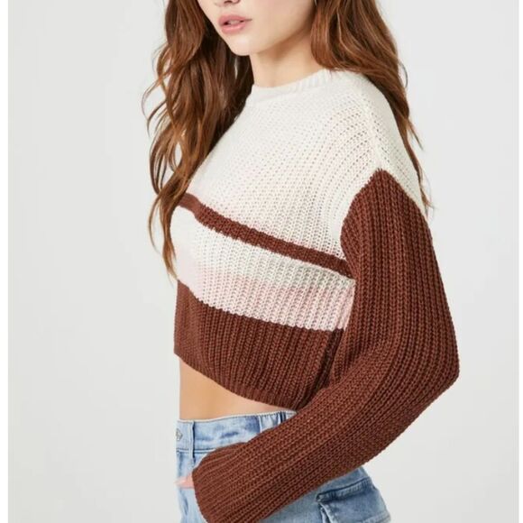 Pink Boxy Cropped Boat Neck Stripe Ribbed Knit Sweater - Picture 1 of 14